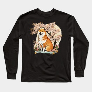 Shiba Inu Dog, with Cherry Blossom Moon, Dog Lover Long Sleeve T-Shirt
